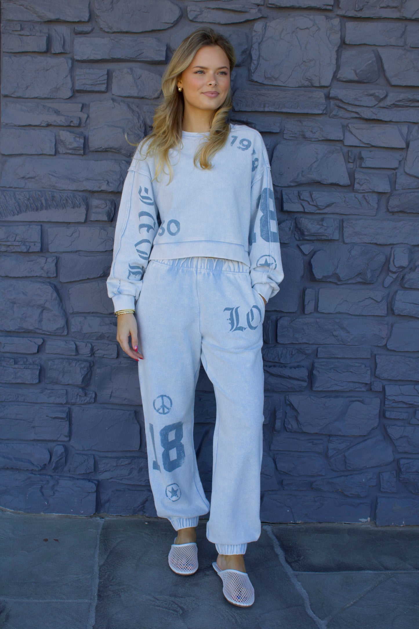 Washed Light Blue Denim Print Set