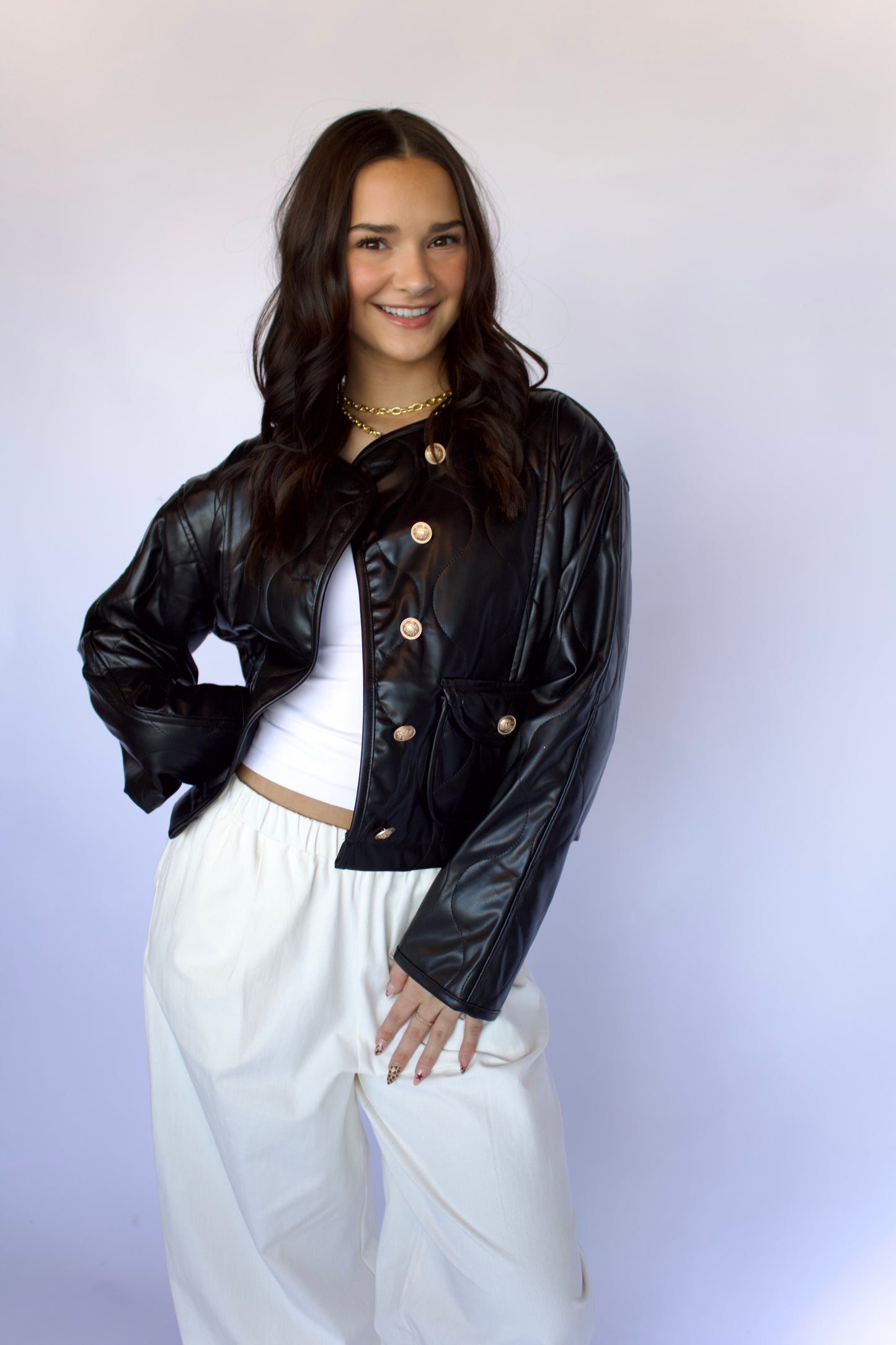 Quilted Faux Leather Jacket + Gold Embellished