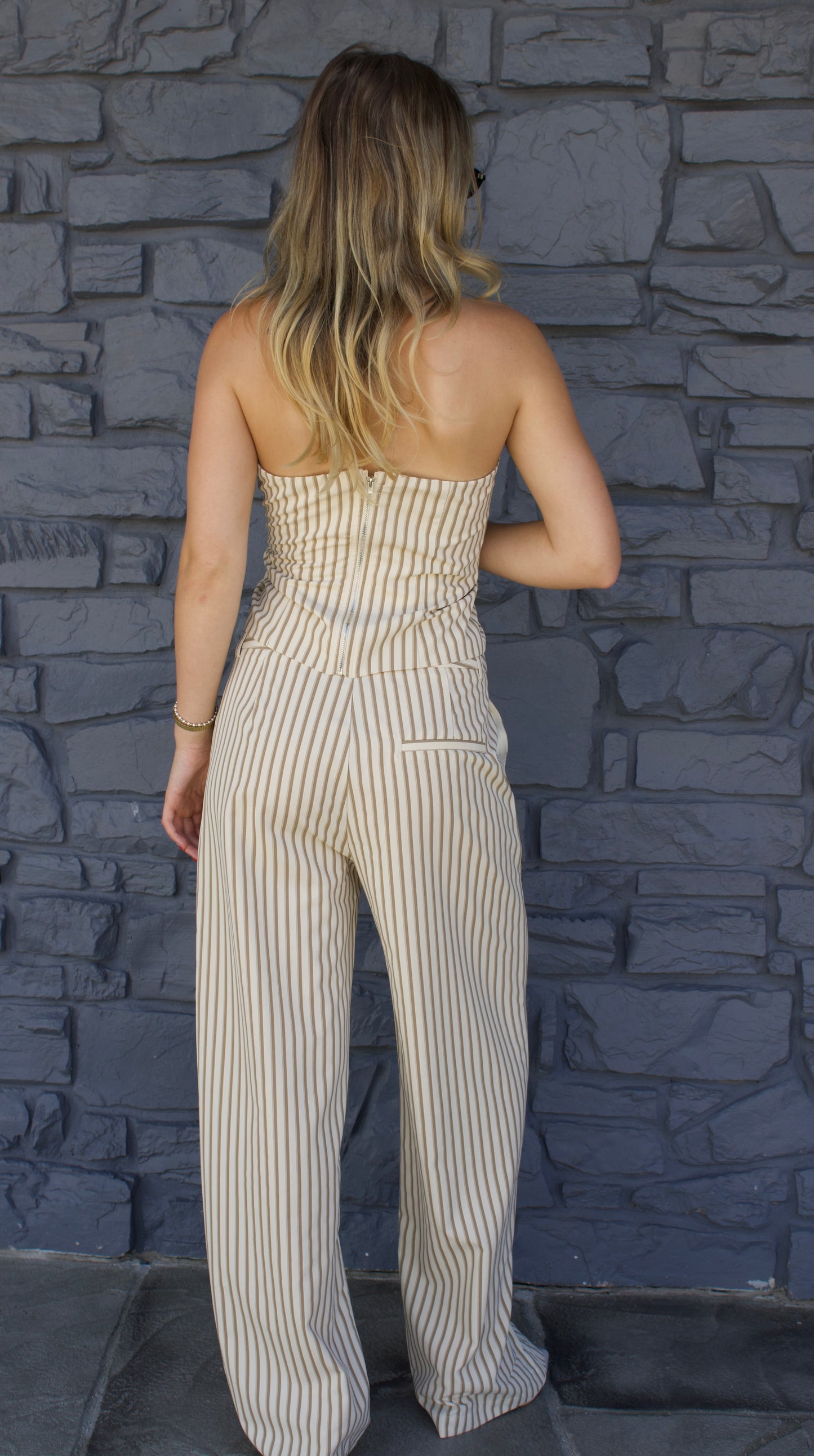 Striped Strapless Two-Piece Set - Beige/White