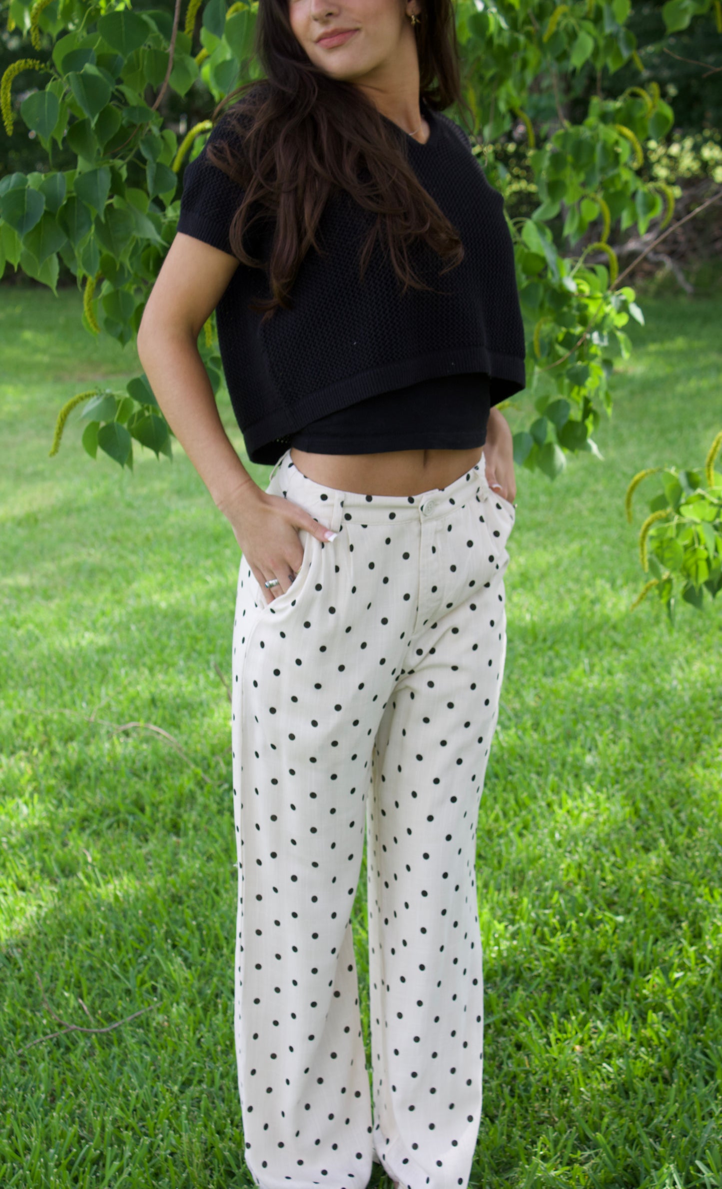 Cream Black & White Polka Dot Dress Pants