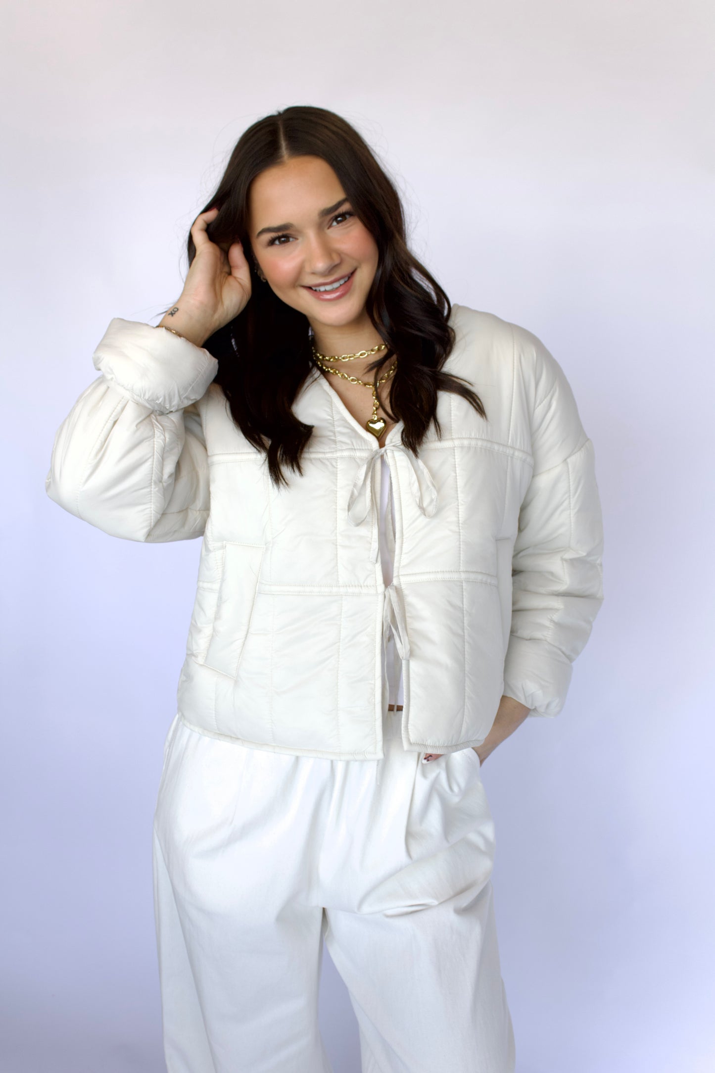 Cream Draw String Lightweight Puffer