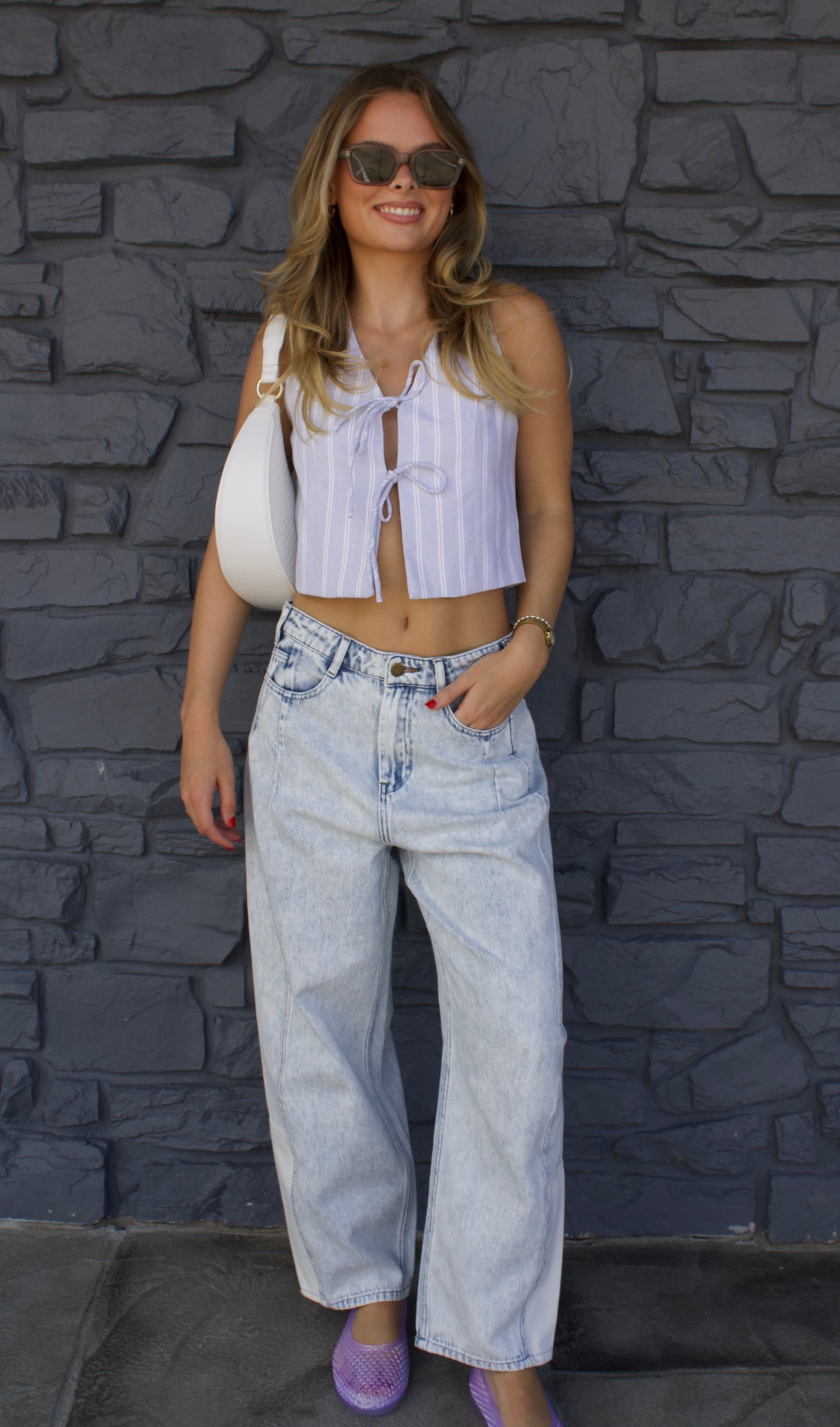 Lavender Stripe Tie-Front Crop Top