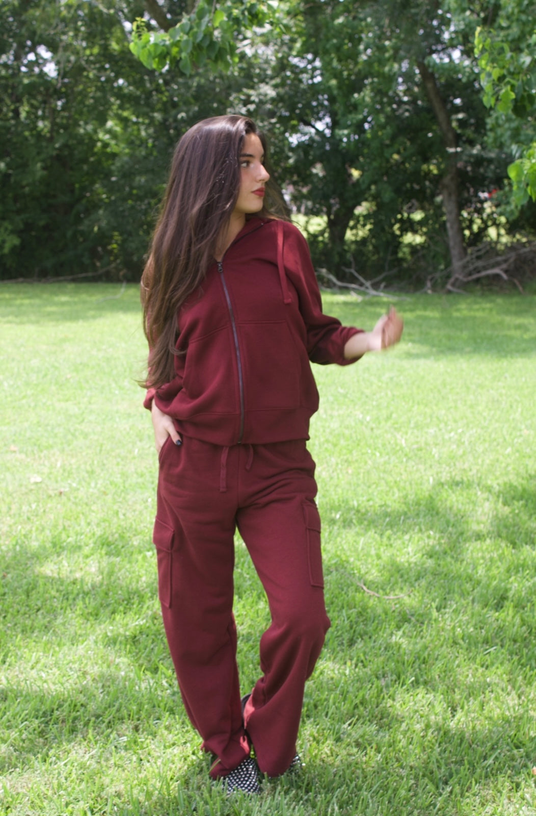 WINE TERRY ZIP UP & CARGO SWEATPANT SET
