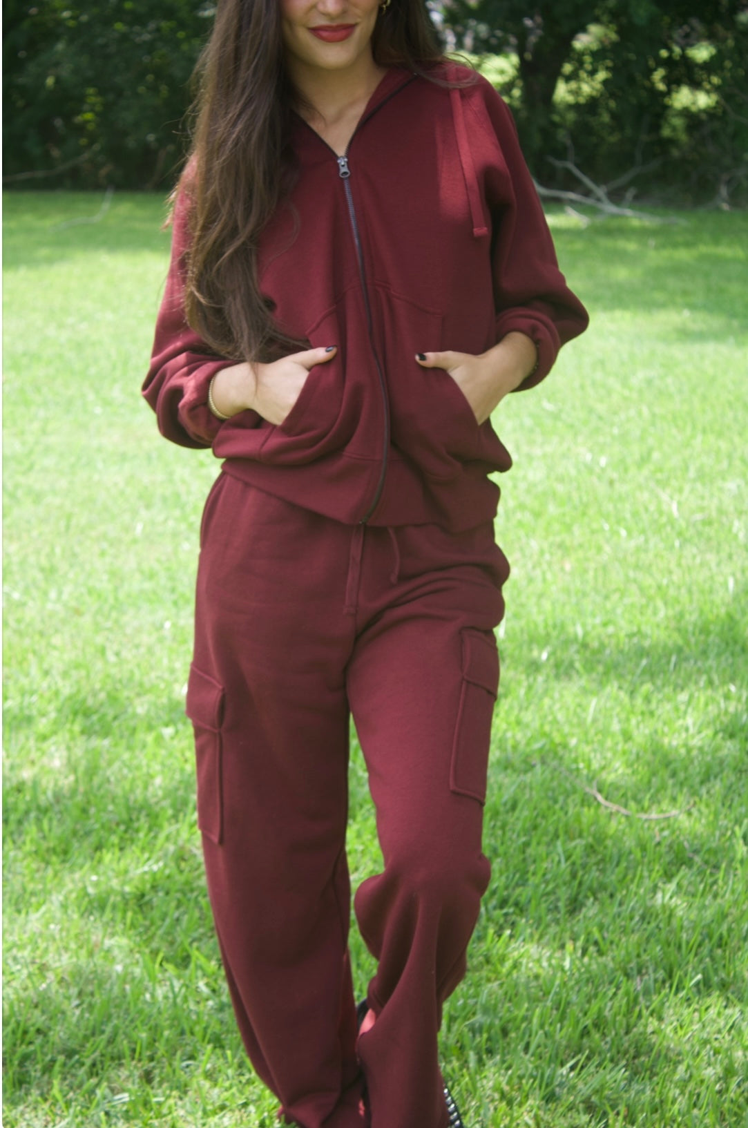 WINE TERRY ZIP UP & CARGO SWEATPANT SET