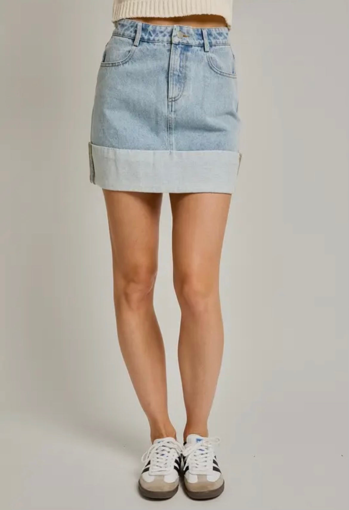 Washed Denim High Waisted Cuffed Denim Mini Skirt