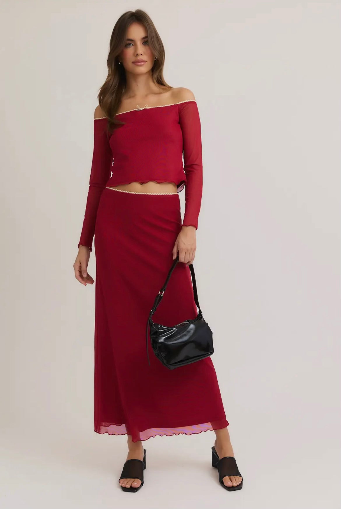 Burgundy Lace Trimmed Mesh Top & Maxi Mesh Skirt
