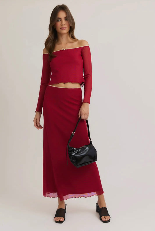 Burgundy Lace Trimmed Mesh Top & Maxi Mesh Skirt