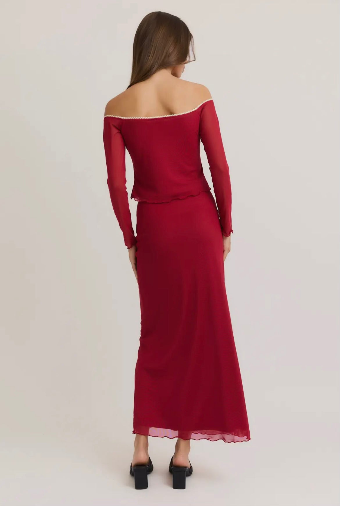 Burgundy Lace Trimmed Mesh Top & Maxi Mesh Skirt