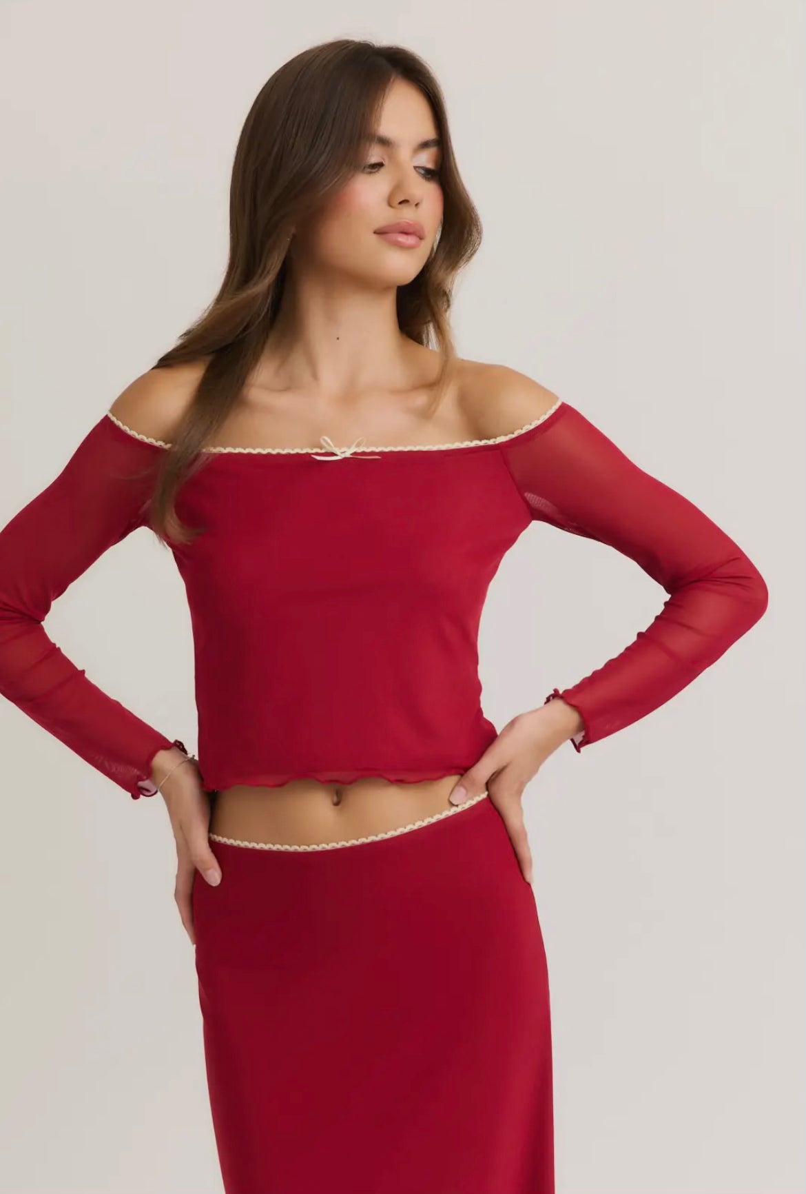 Burgundy Lace Trimmed Mesh Top & Maxi Mesh Skirt