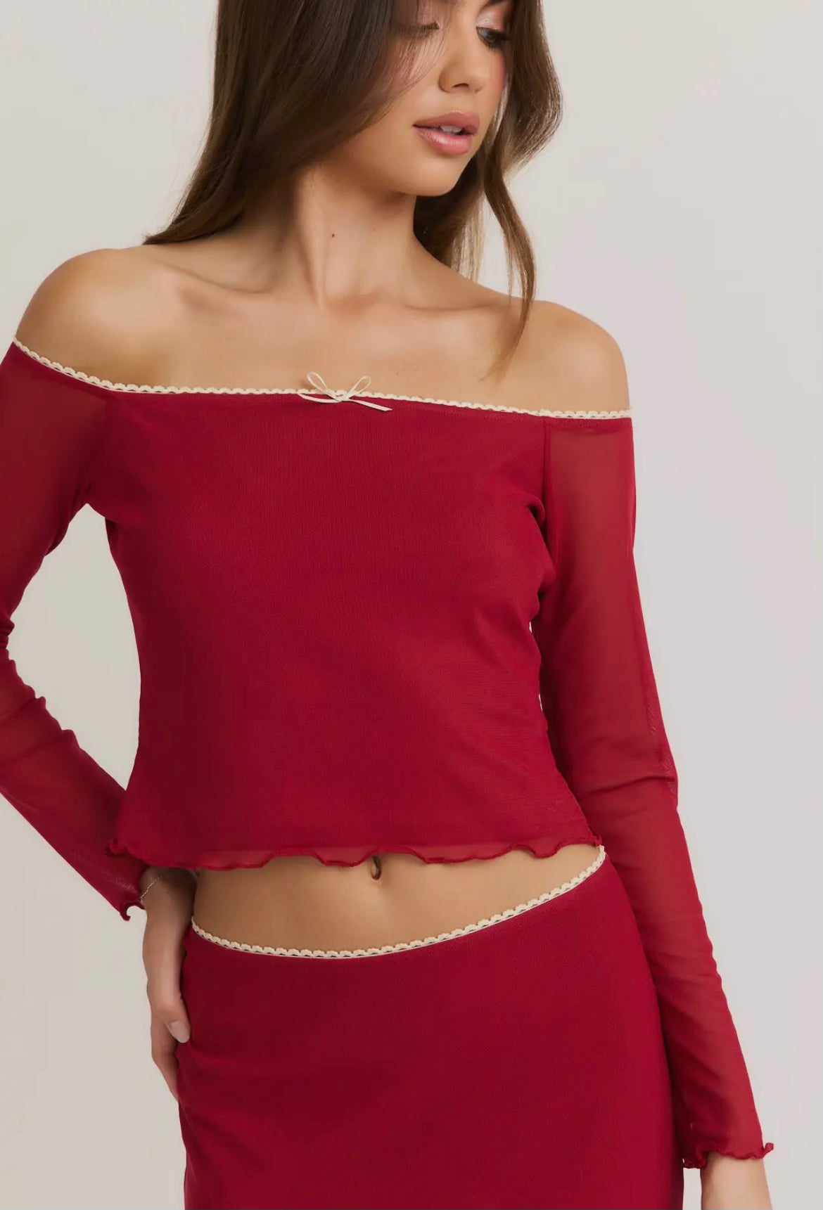 Burgundy Lace Trimmed Mesh Top & Maxi Mesh Skirt