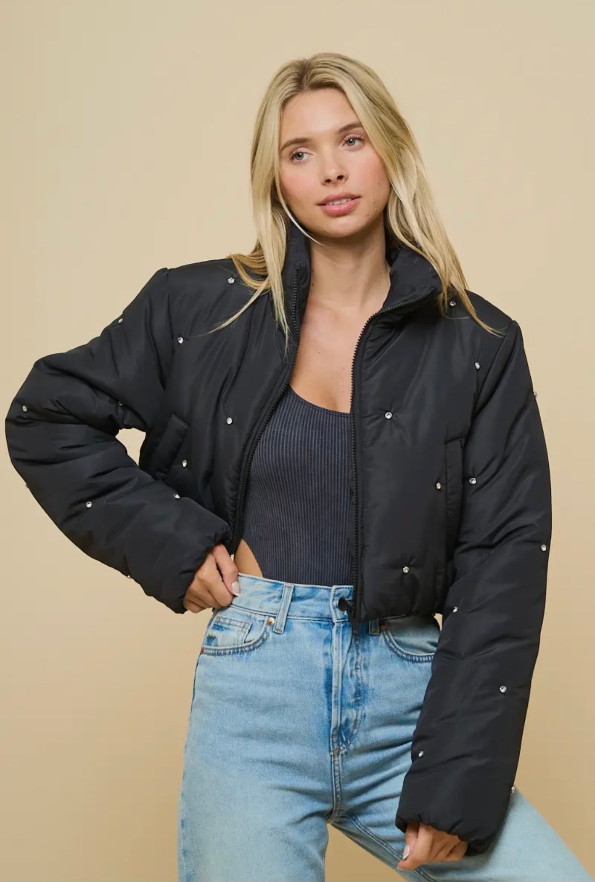 Black Rhinestone Puffer Jacket