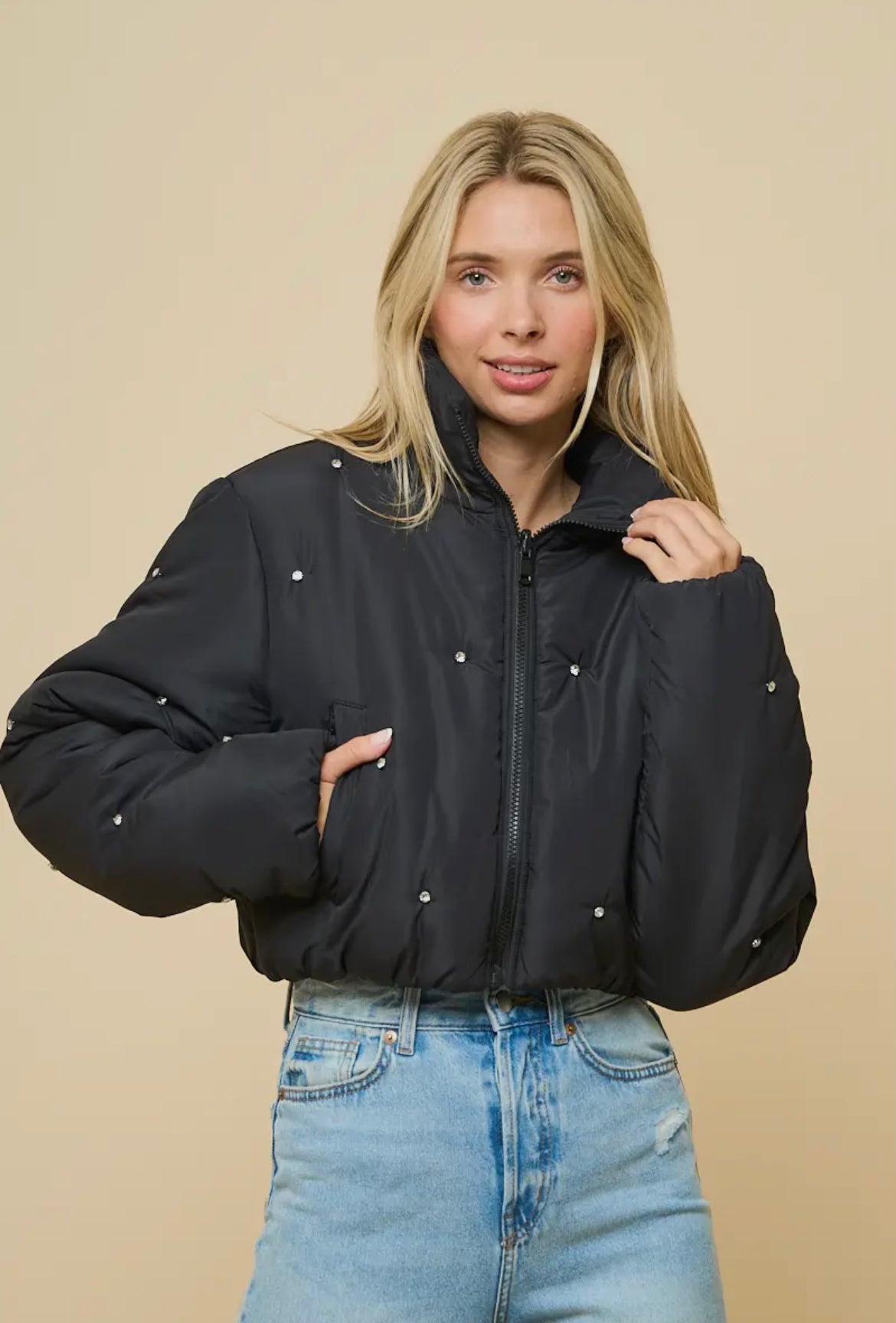 Black Rhinestone Puffer Jacket