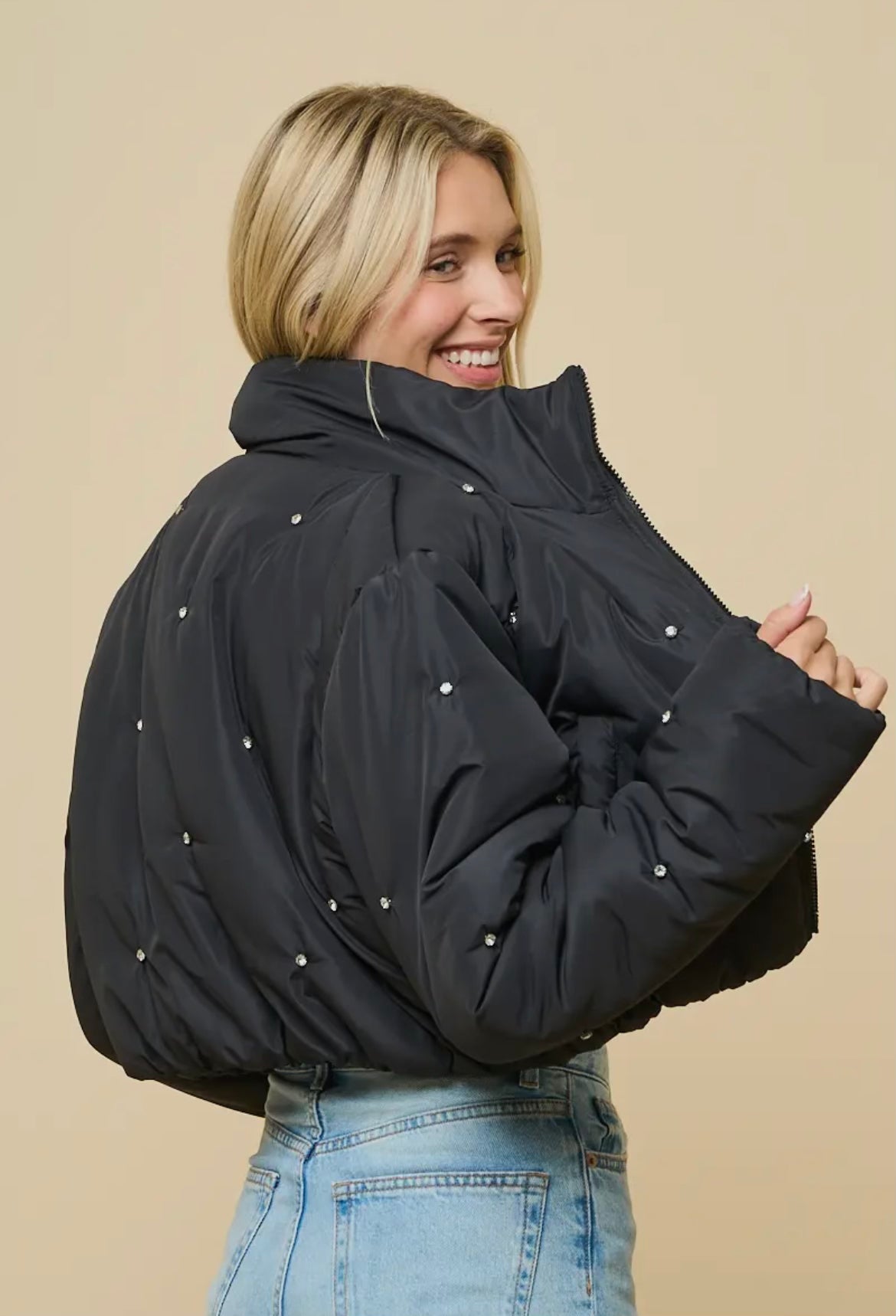 Black Rhinestone Puffer Jacket