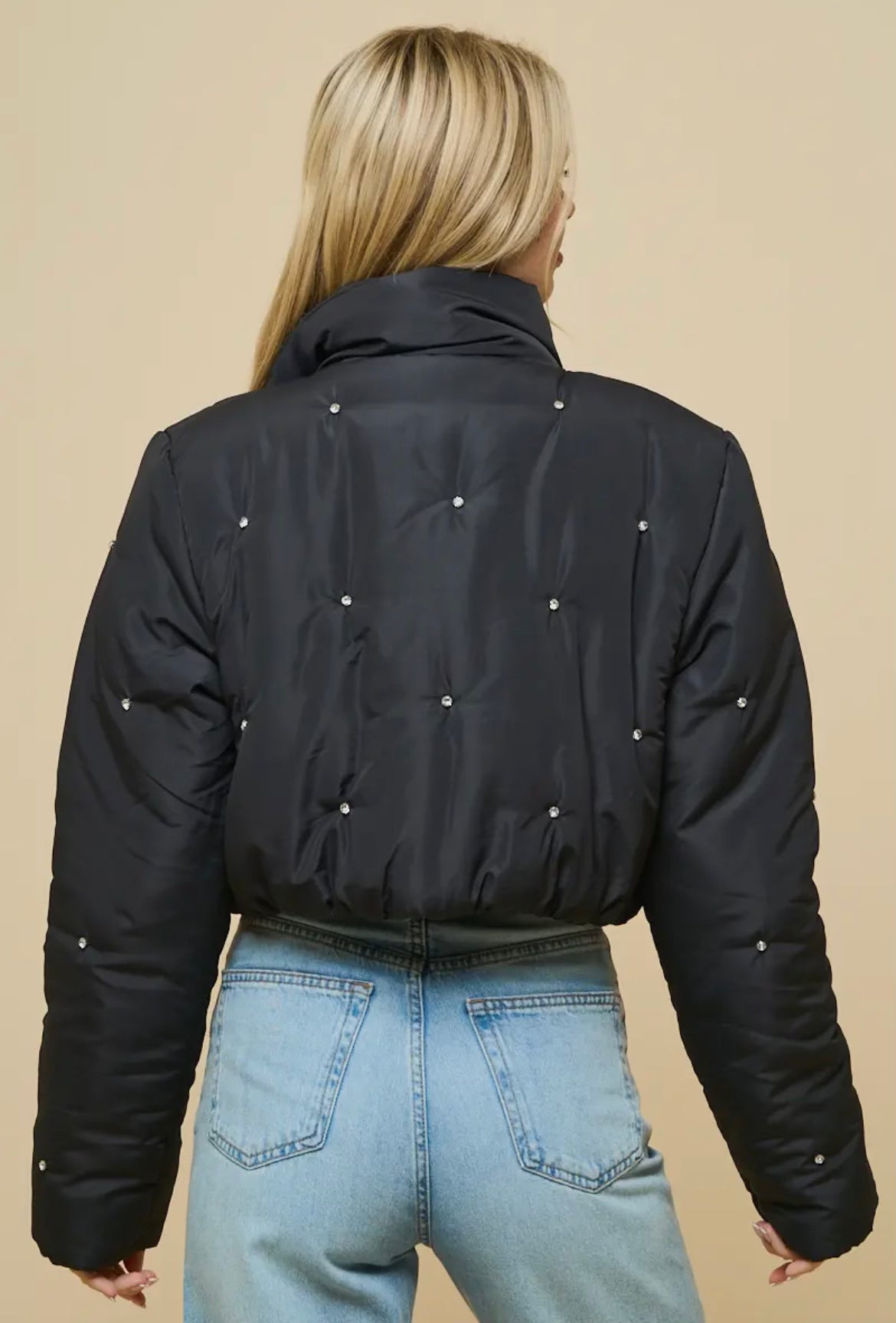 Black Rhinestone Puffer Jacket