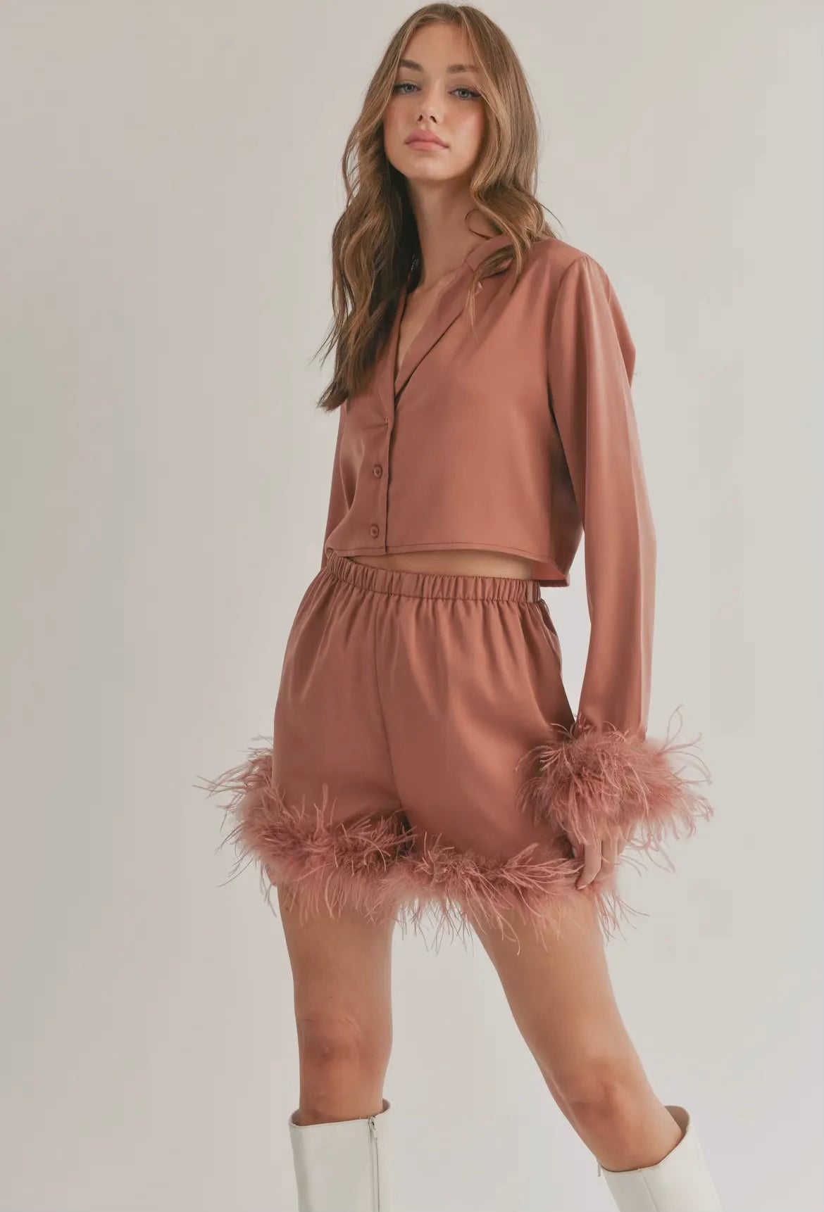 Burnt Sienna Satin Crop Top & Shorts Set with Fur Trim