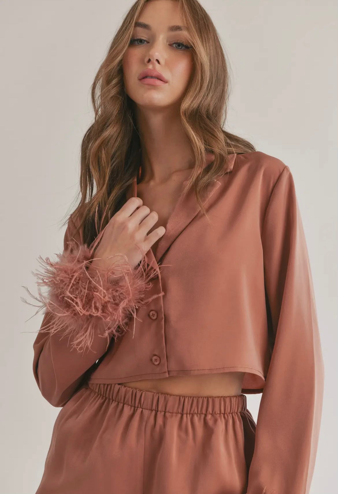 Burnt Sienna Satin Crop Top & Shorts Set with Fur Trim