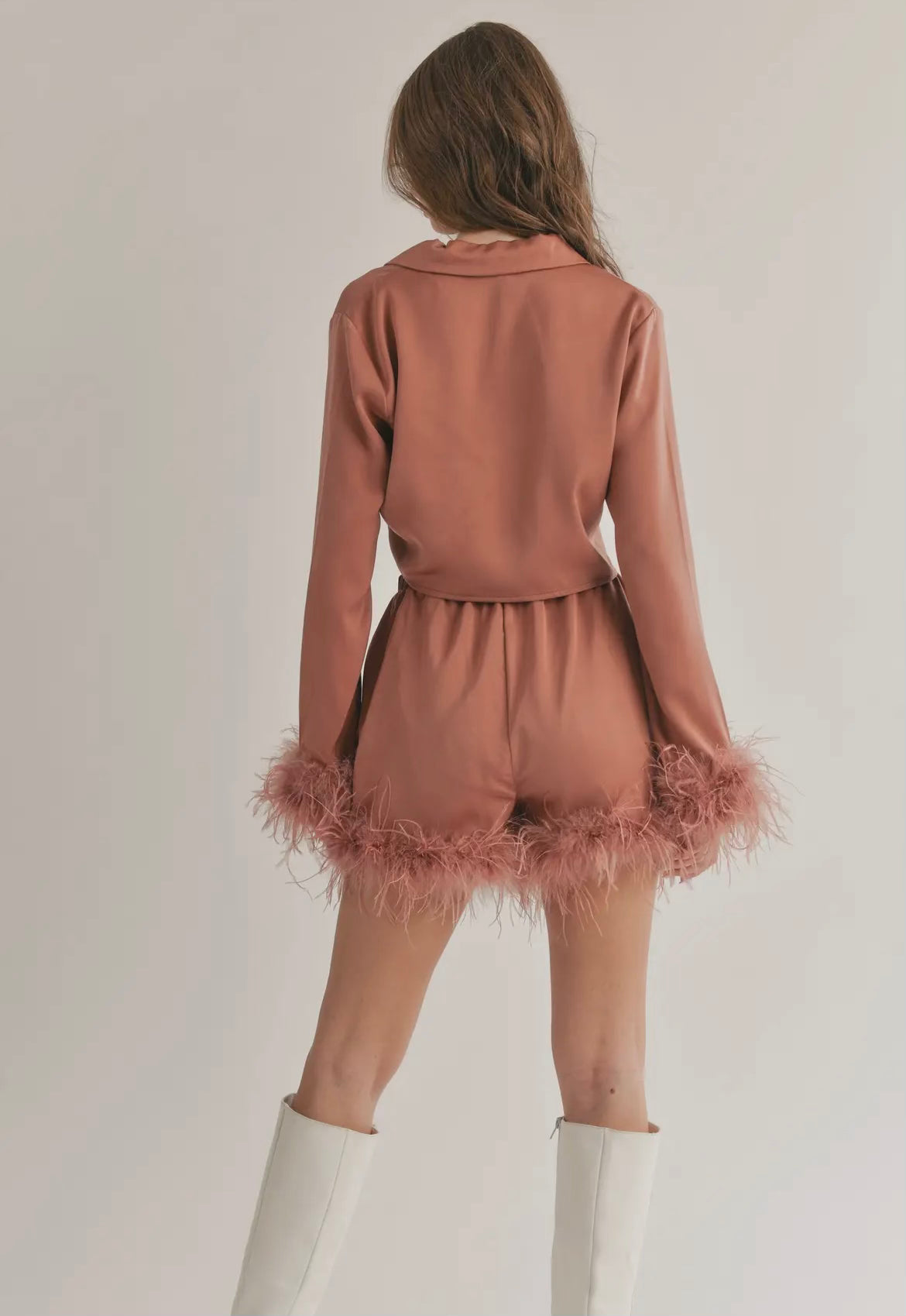 Burnt Sienna Satin Crop Top & Shorts Set with Fur Trim