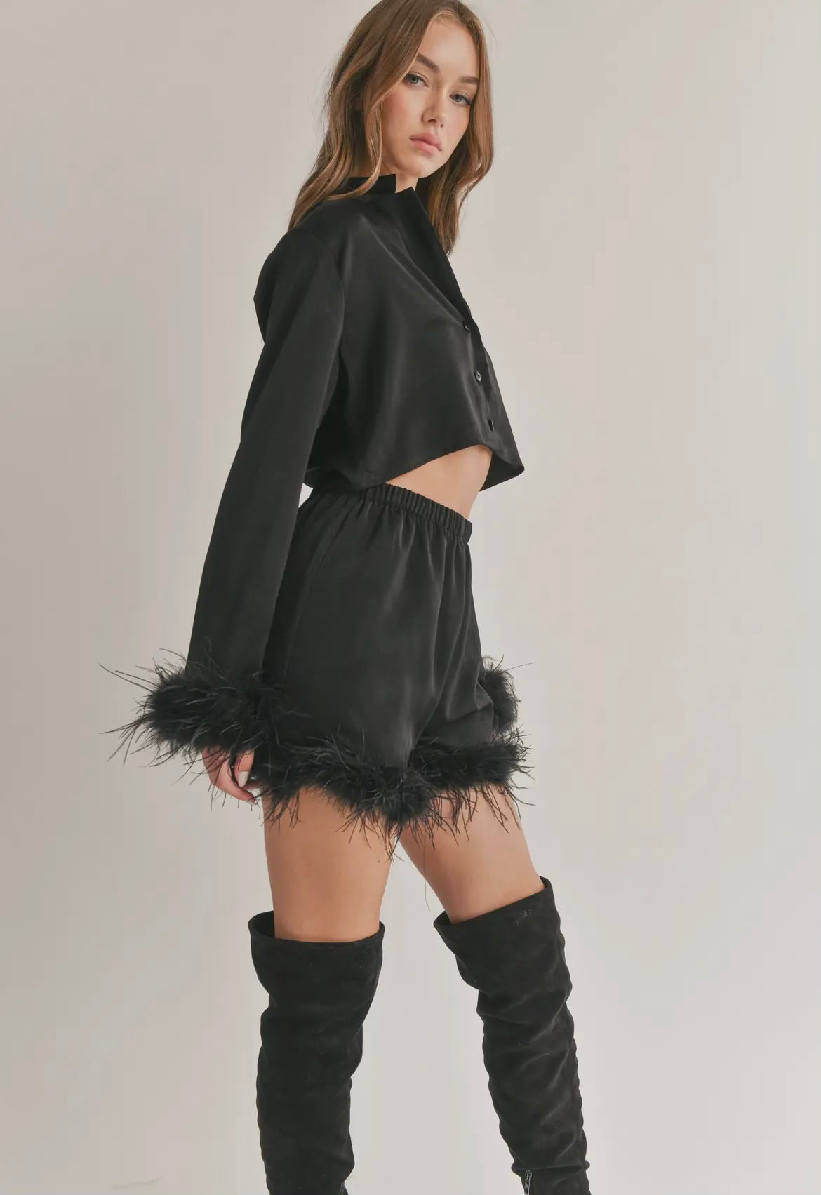 Black Satin Crop Top & Shorts Set with Fur Trim