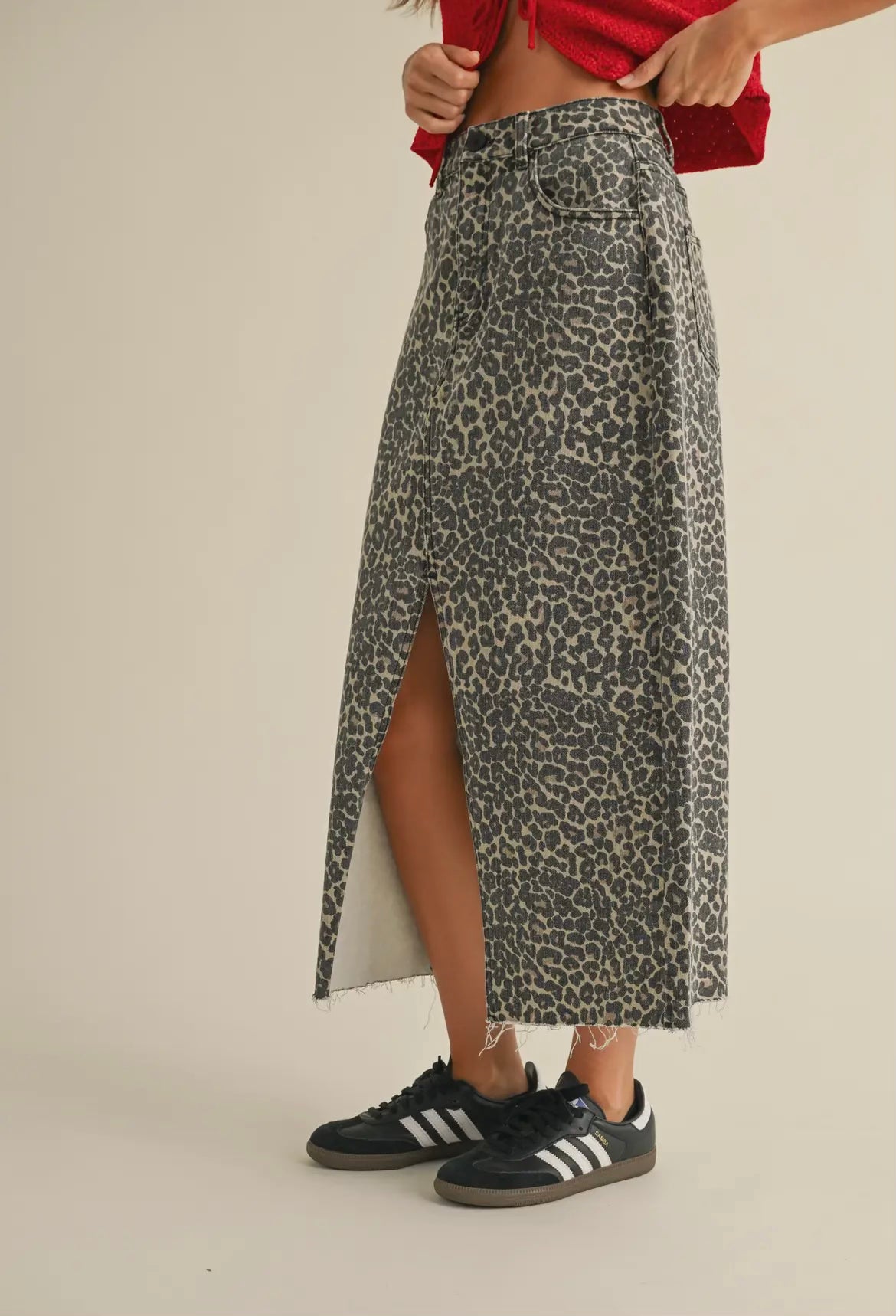 Long Leopard Print Slit Front Skirt
