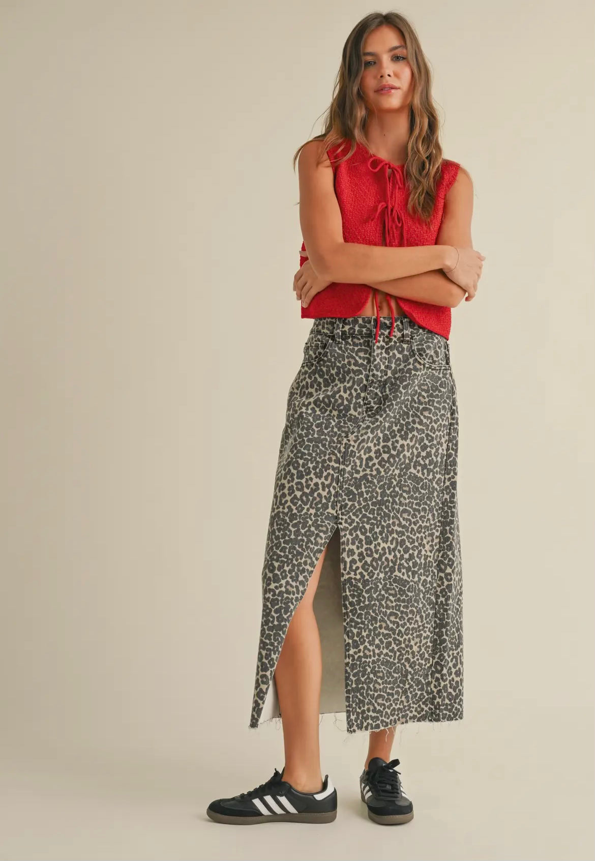 Long Leopard Print Slit Front Skirt