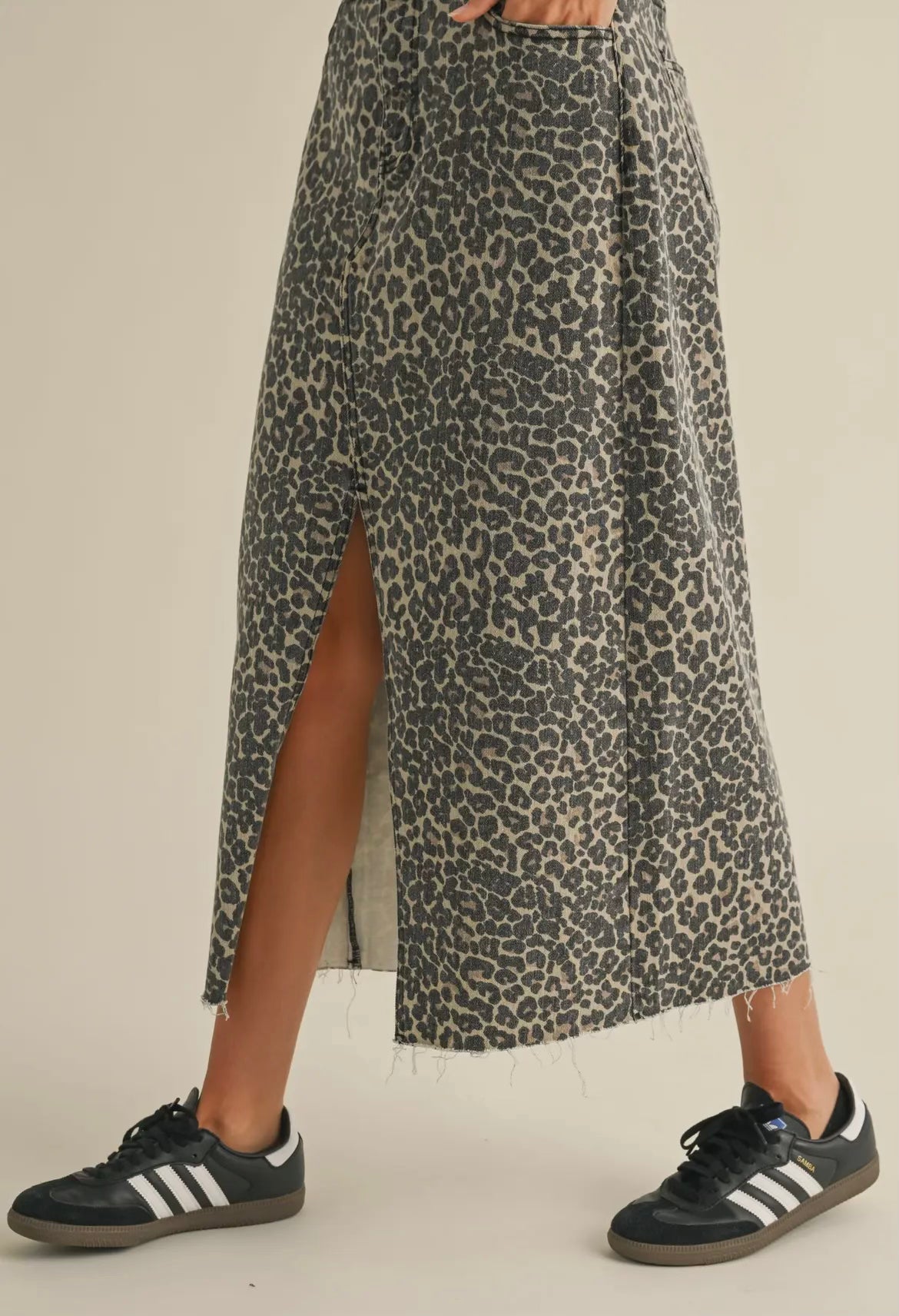 Long Leopard Print Slit Front Skirt
