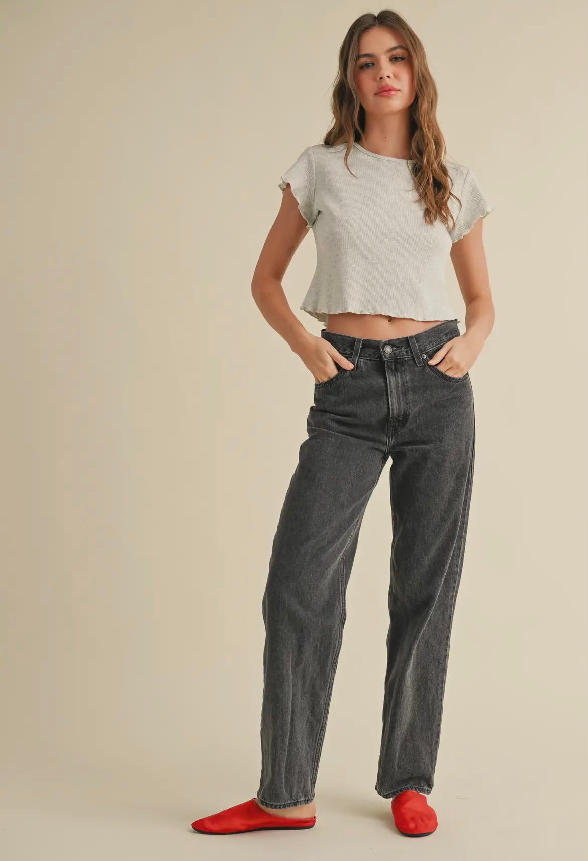 Melange Grey Mini Waffle Short Sleeve Top