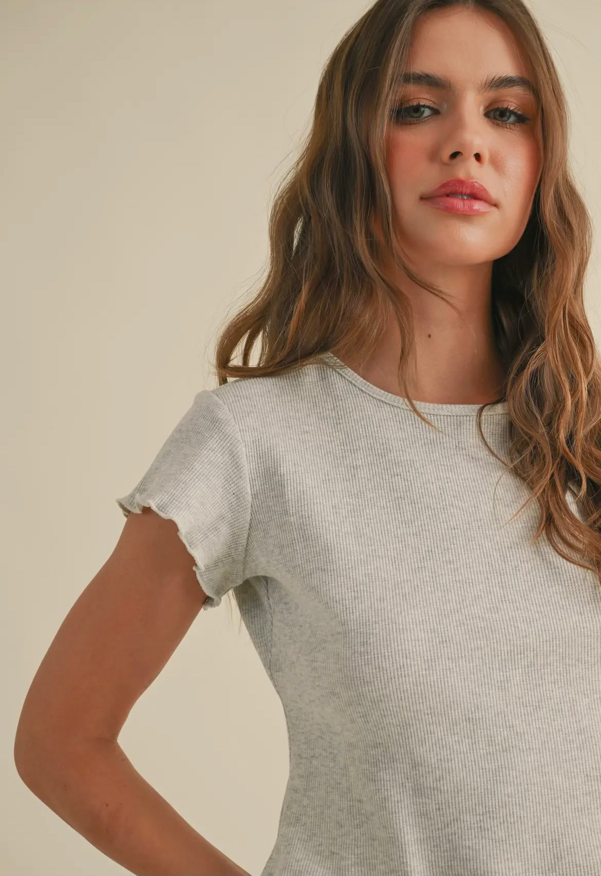 Melange Grey Mini Waffle Short Sleeve Top