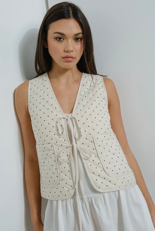 Cream Polka Dot Quilted Tie Vest