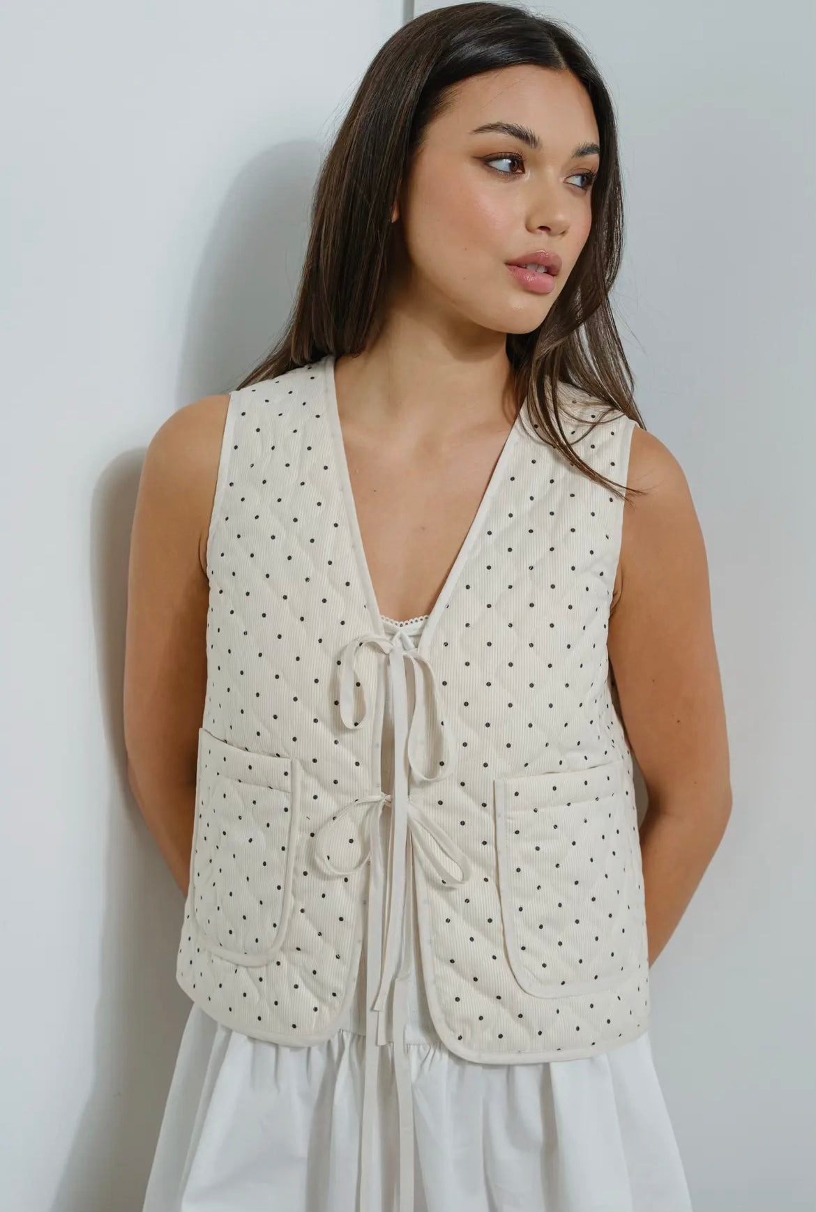 Cream Polka Dot Quilted Tie Vest