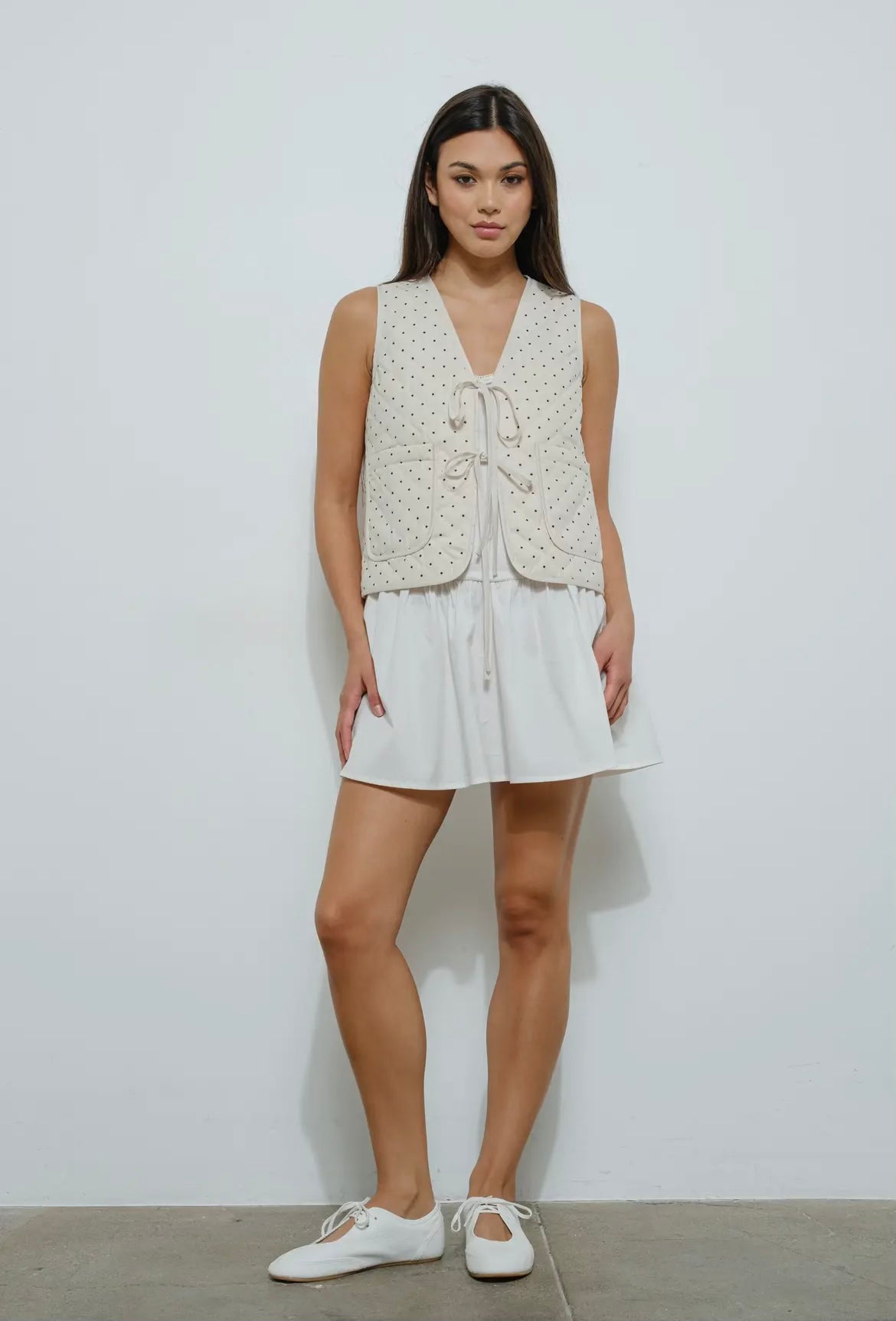 Cream Polka Dot Quilted Tie Vest