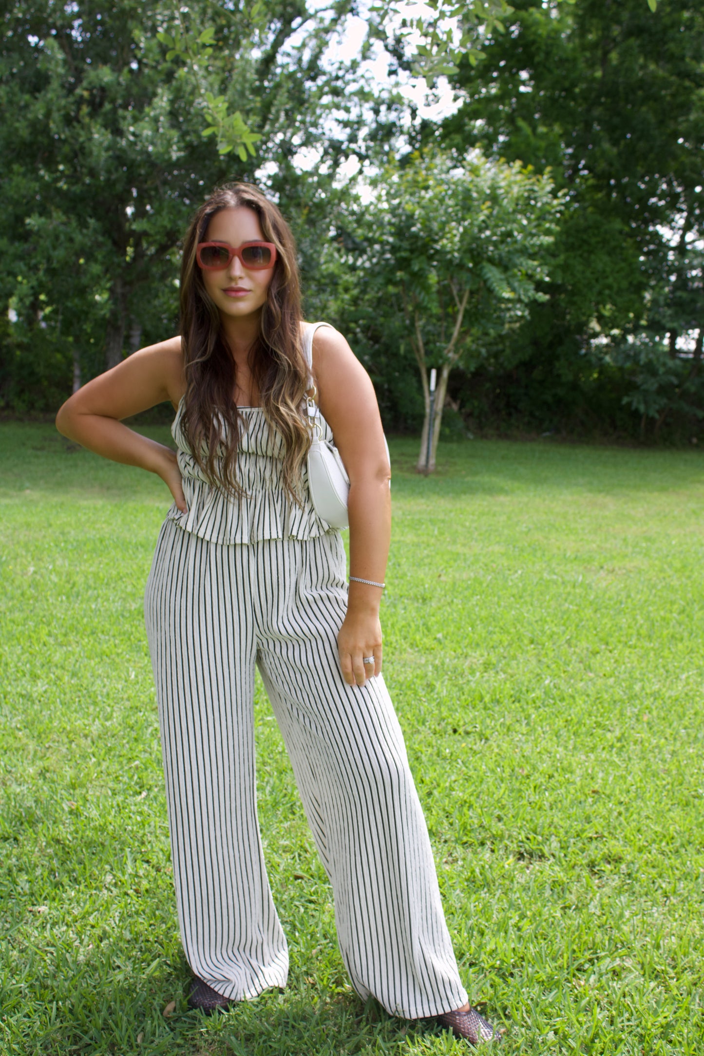 Natural Black Striped Spandex Peplum Top & Straight Leg Pants Set