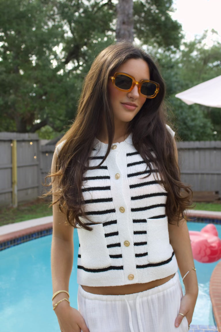 Striped Sweater Vest With Gold Button Detail