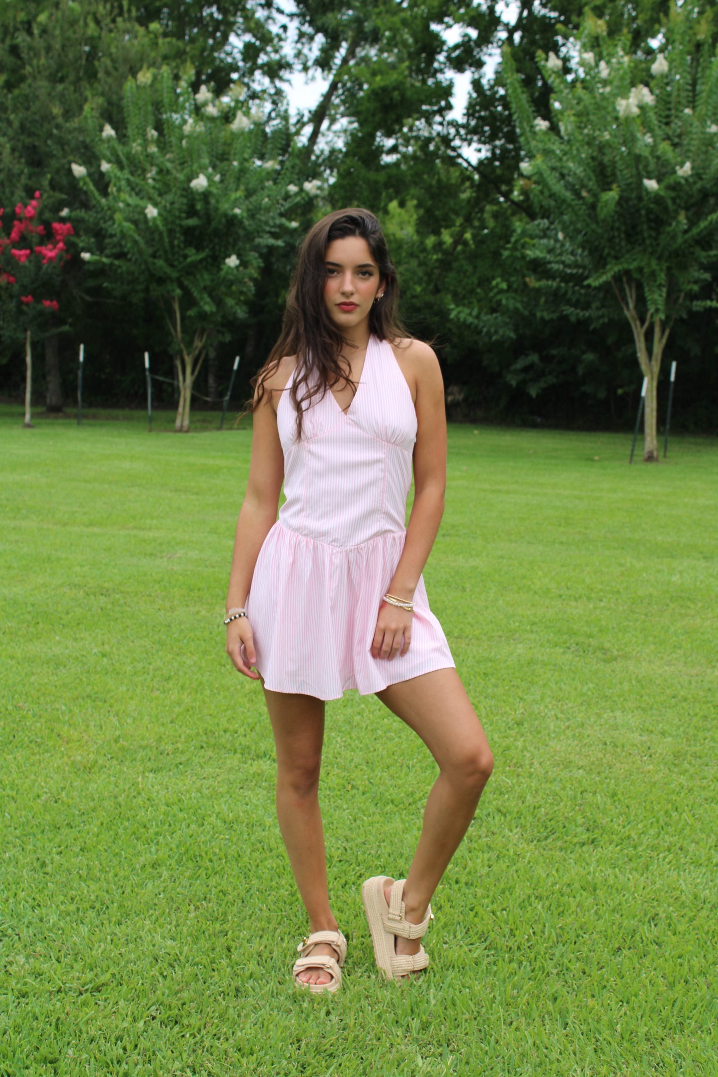 Pink Stripe Halter Mini Dress