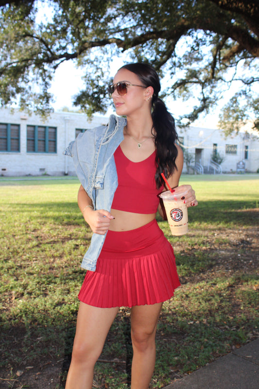 CHERRY CROPPED TANK & PLEATED SKIRT SET