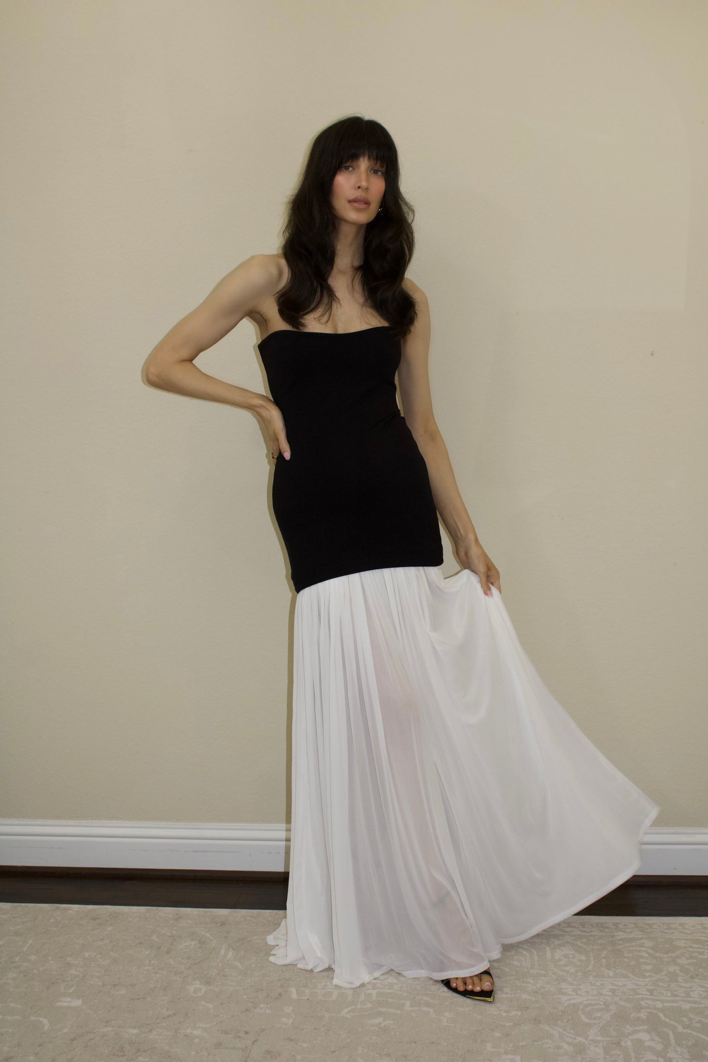 Black and White Tubed Maxi Dress W Shirred Chiffon