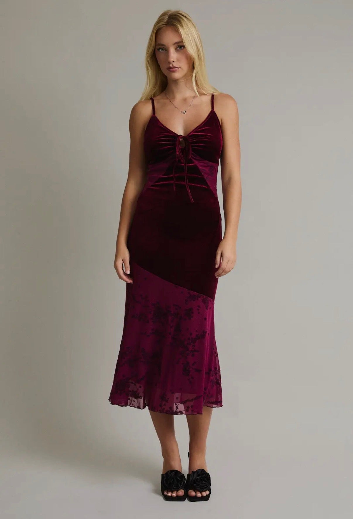 Wine Velvet Midi Floral Dress
