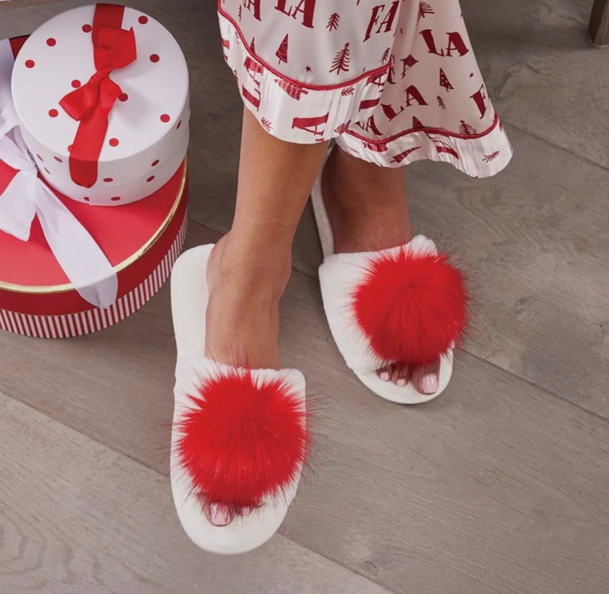 Ivory + Red Pom Pom Slippers
