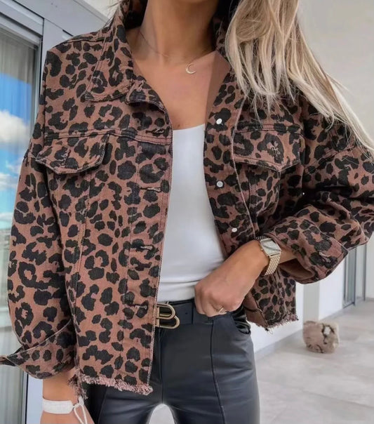 Long Sleeve Leopard Denim Jacket