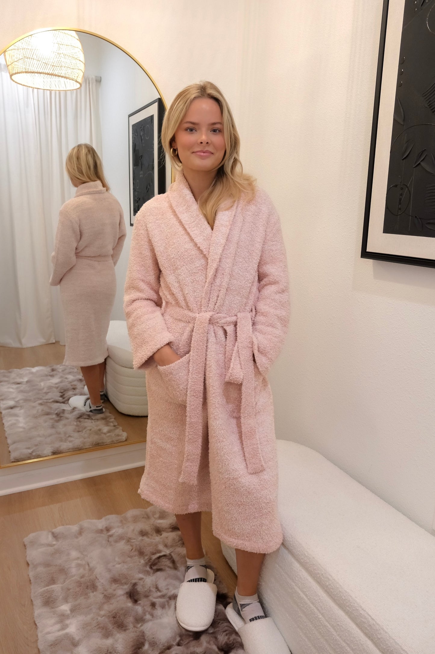 Barefoot Dreams Dusty Rose & White CozyChic Robe