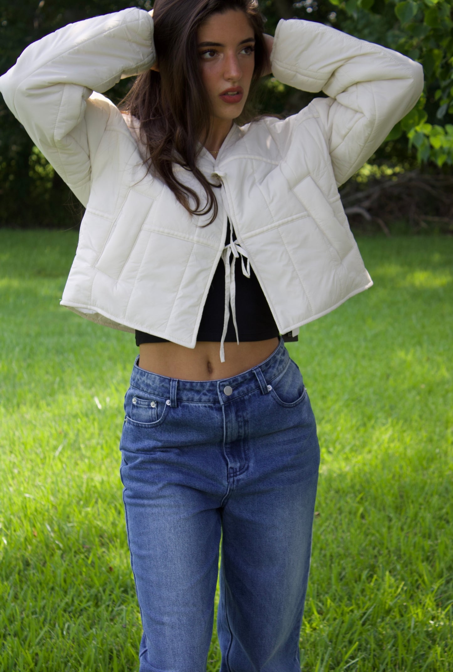 Cream Draw String Lightweight Puffer