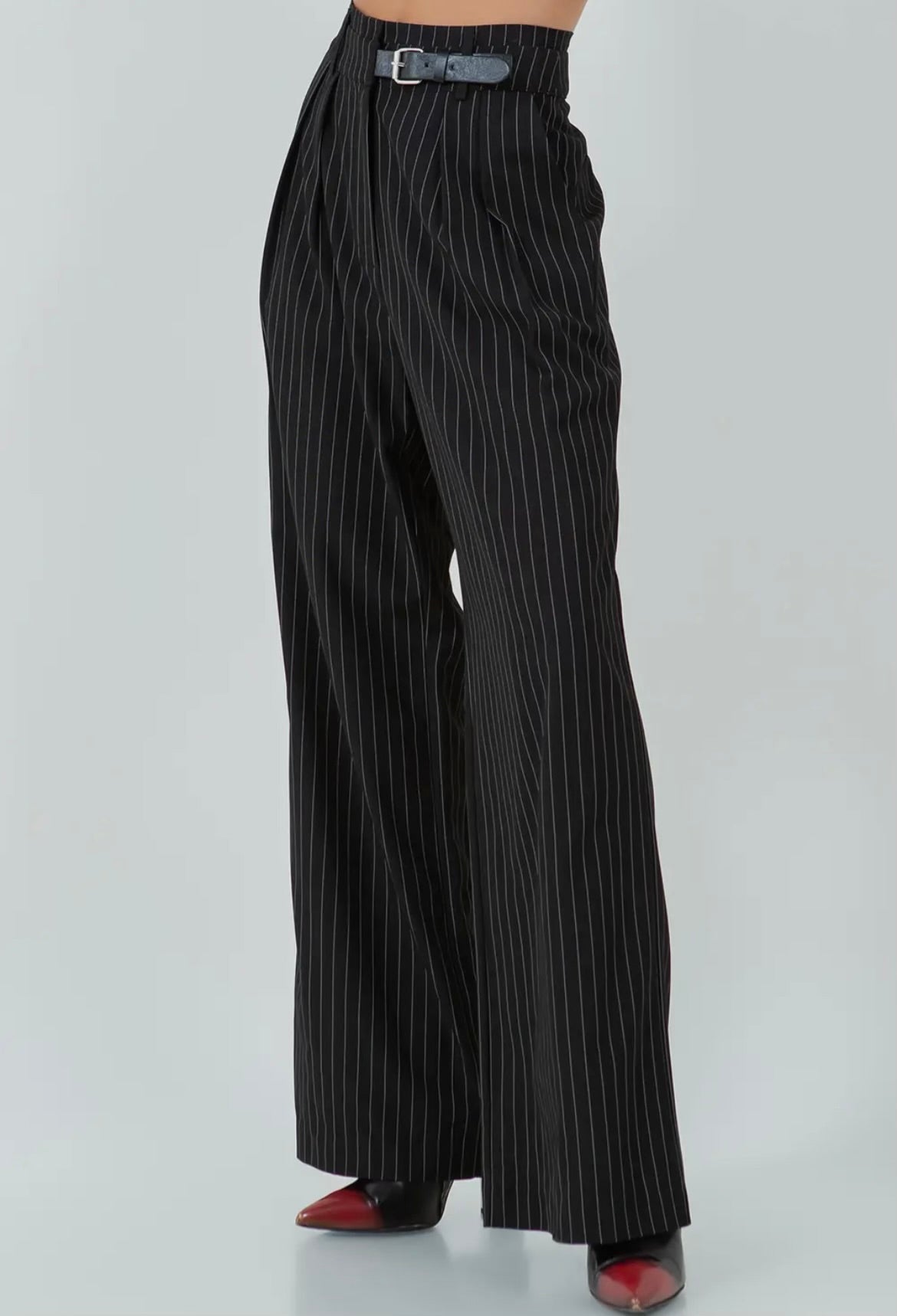 Black Pinstripe Straight Leg Pants