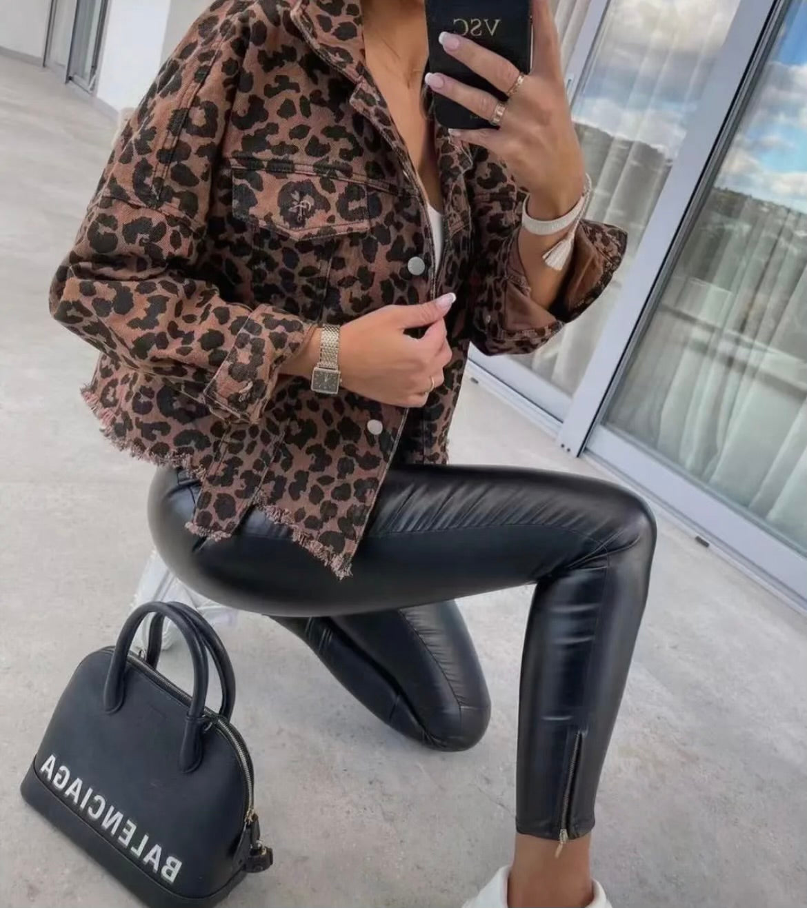 Long Sleeve Leopard Denim Jacket