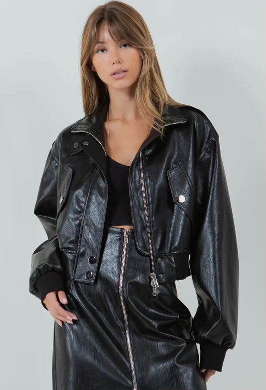 Black High Collar Leather Bomber Jacket