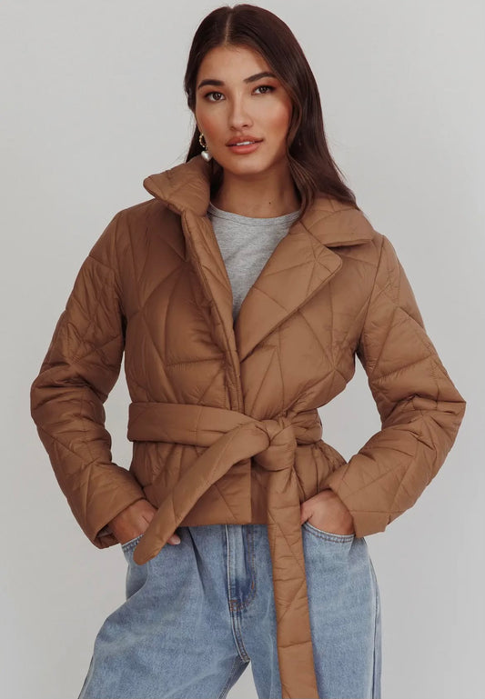 Mocha Puffer High Collar Tie Jacket