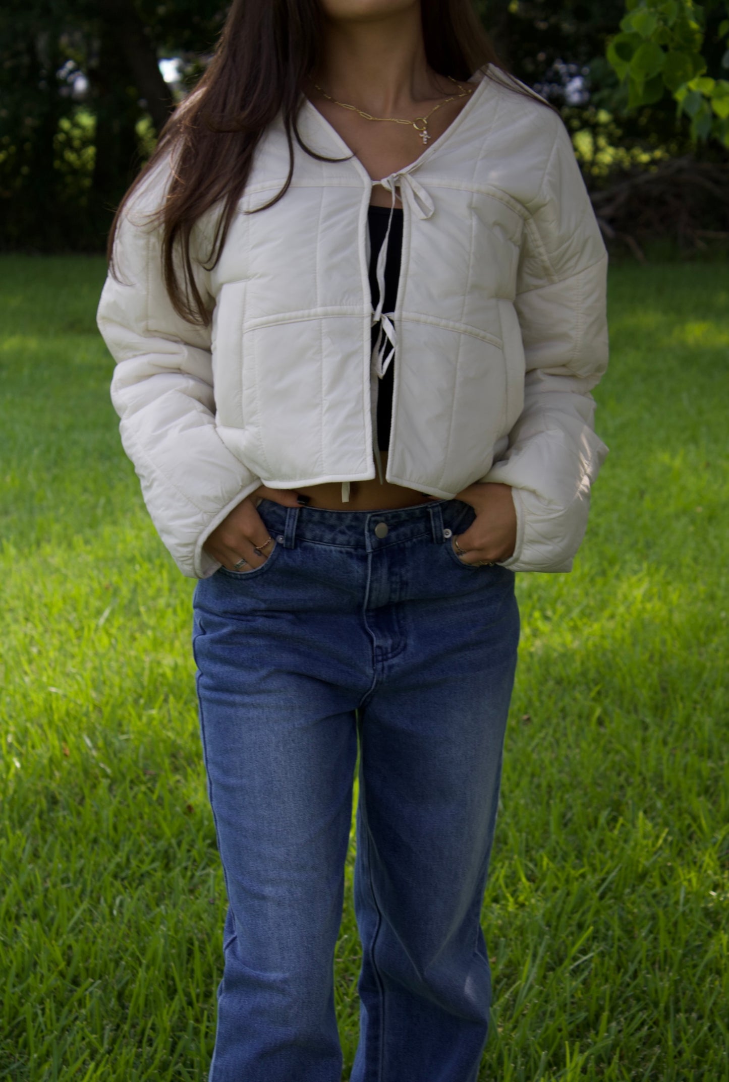 Cream Draw String Lightweight Puffer