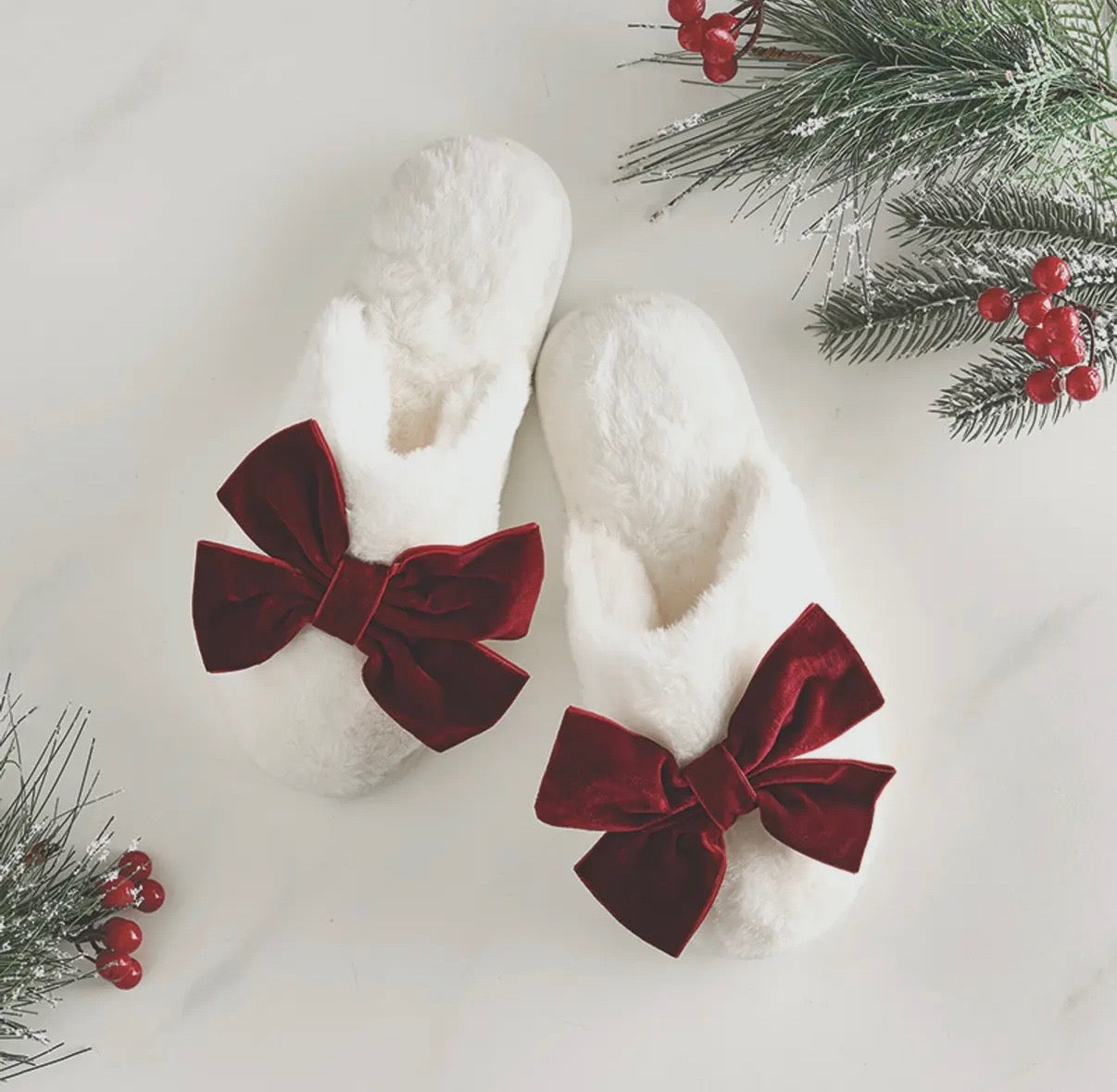 Burgundy Velvet Bow Slippers