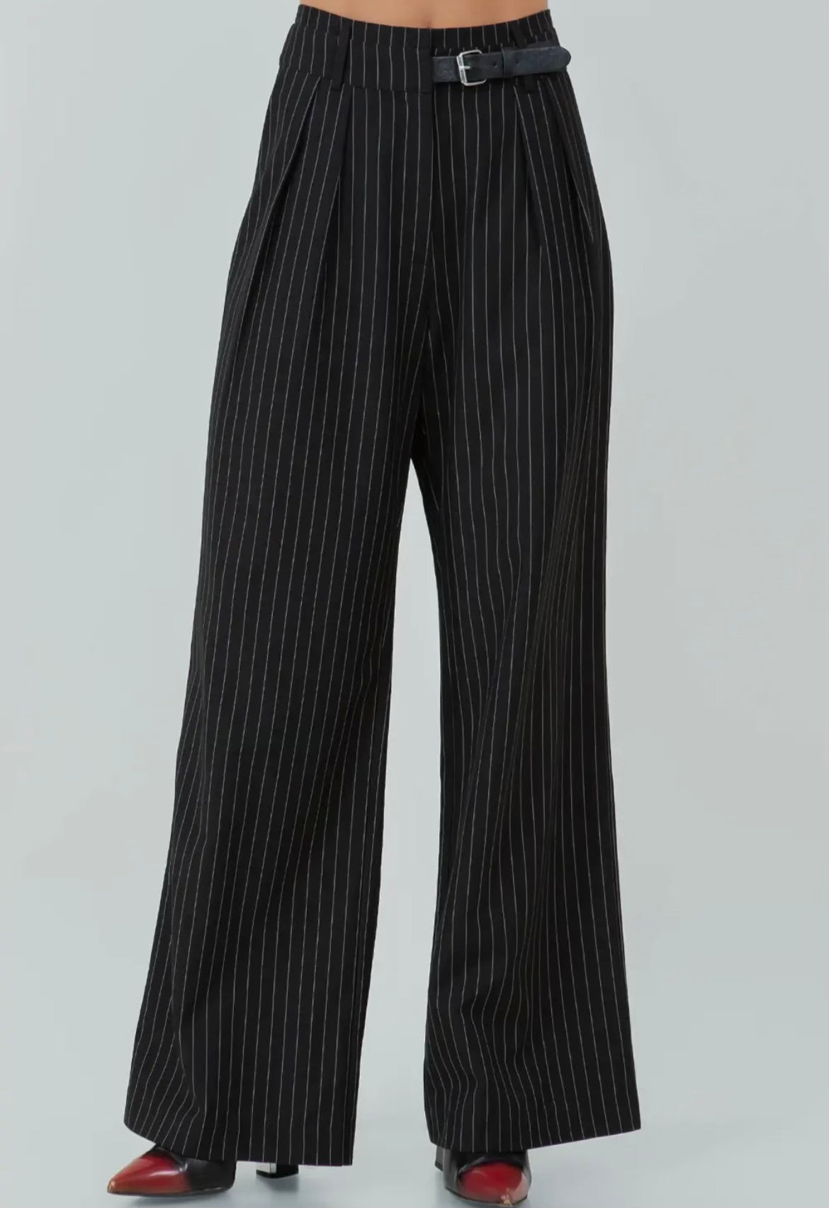 Black Pinstripe Straight Leg Pants