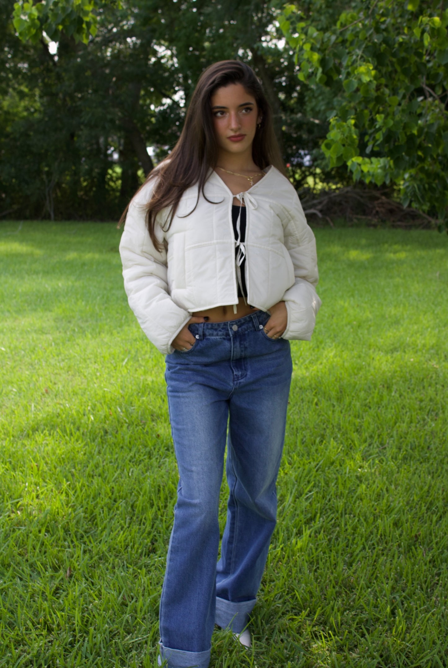 Cream Draw String Lightweight Puffer