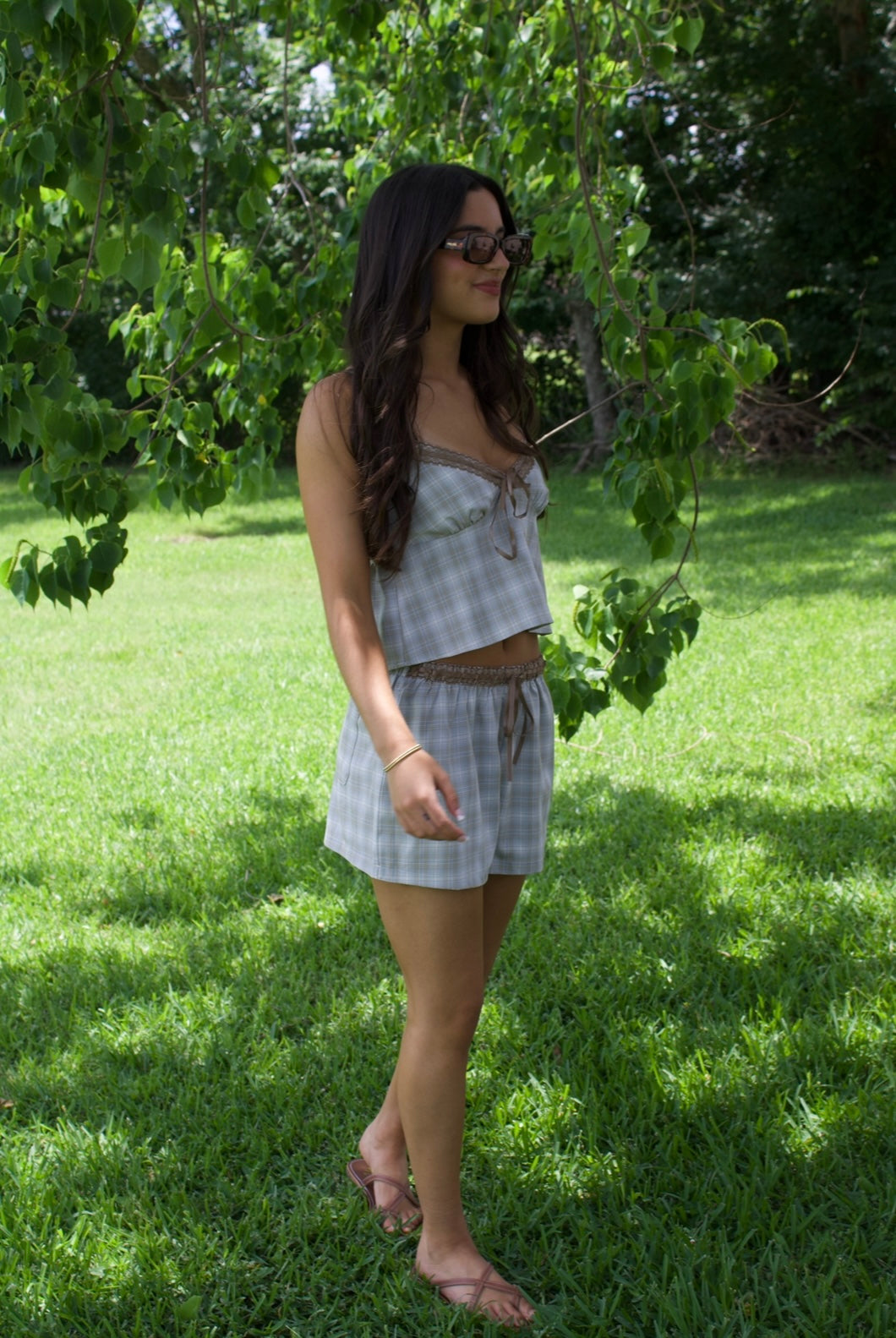 Dusty Blue Plaid Lace Set