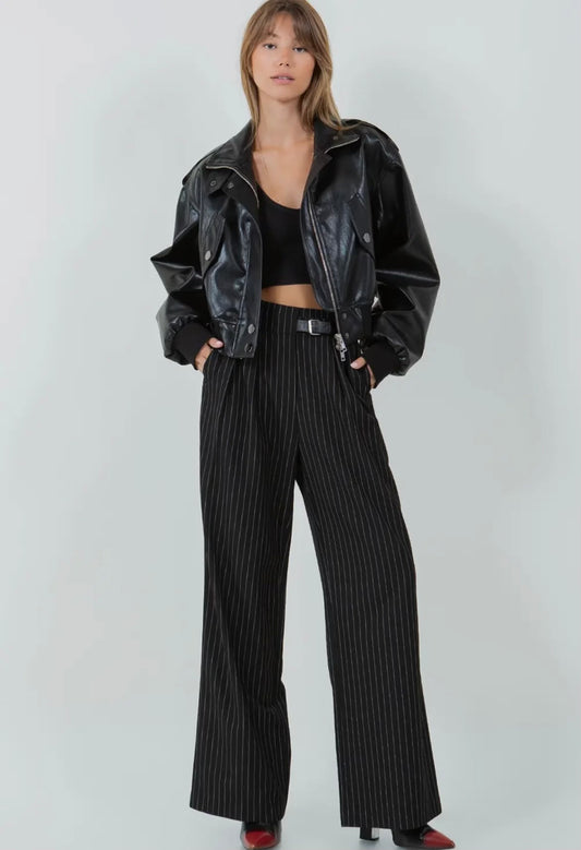 Black Pinstripe Straight Leg Pants